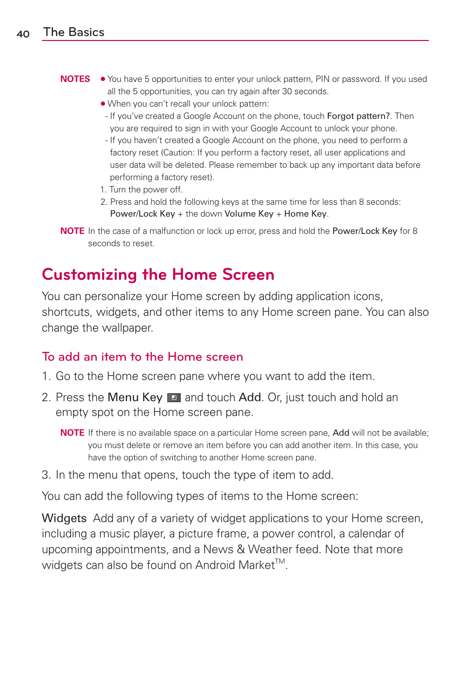 Customizing the home screen, The basics | LG MFL67235901 User Manual | Page 42 / 448