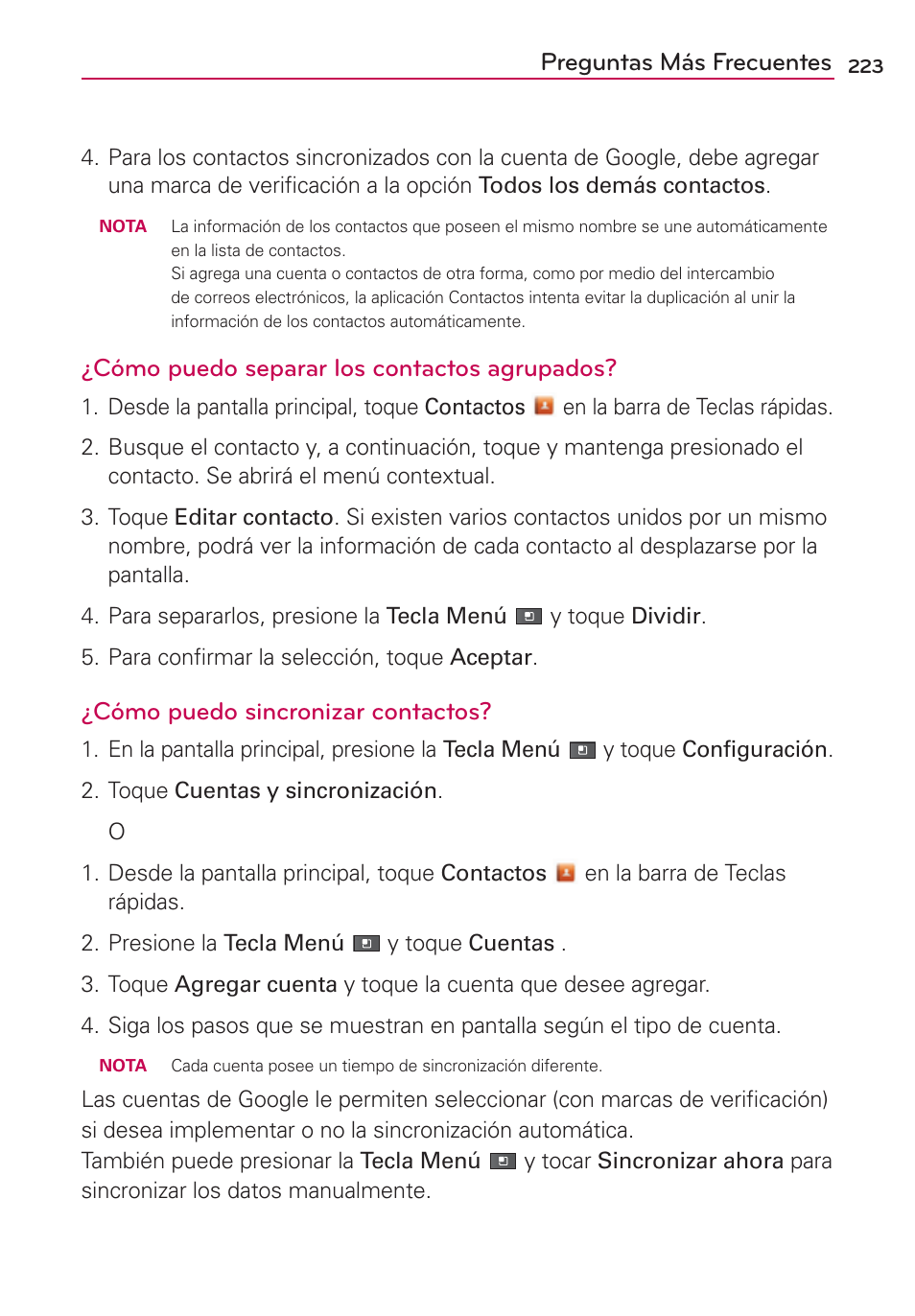 Preguntas más frecuentes, Cómo puedo separar los contactos agrupados, Cómo puedo sincronizar contactos | LG MFL67235901 User Manual | Page 440 / 448