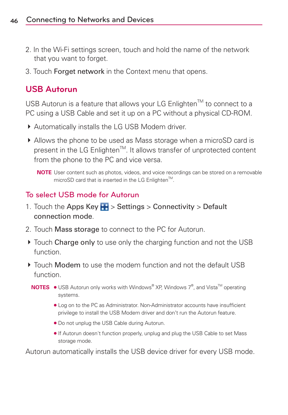 Usb autorun, Connecting to networks and devices | LG MFL67235901 User Manual | Page 48 / 448