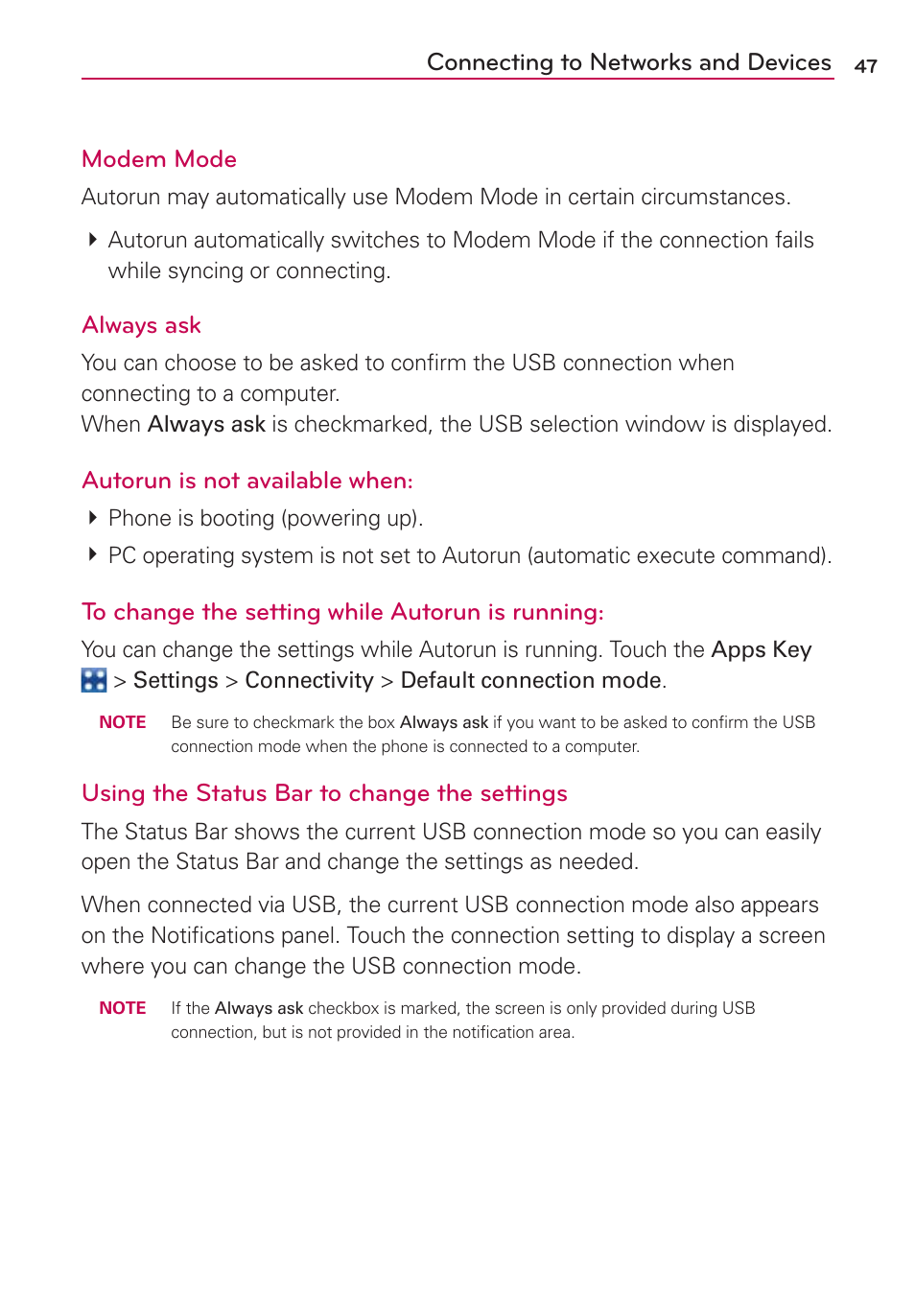 Connecting to networks and devices modem mode, Always ask, Autorun is not available when | Using the status bar to change the settings | LG MFL67235901 User Manual | Page 49 / 448