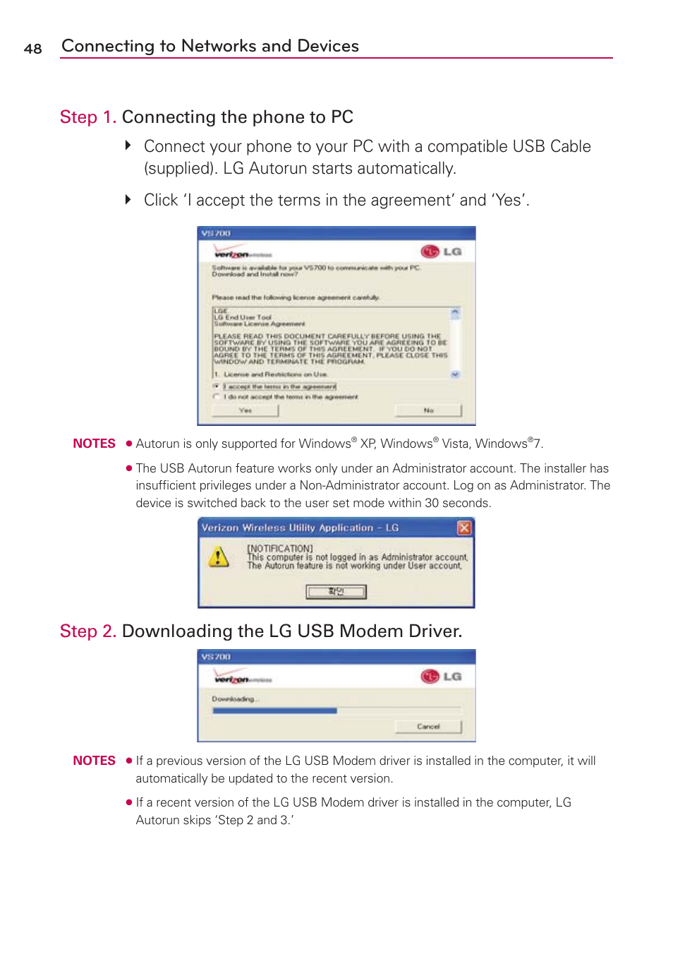 Connecting to networks and devices, Step 1. connecting the phone to pc, Step 2. downloading the lg usb modem driver | LG MFL67235901 User Manual | Page 50 / 448