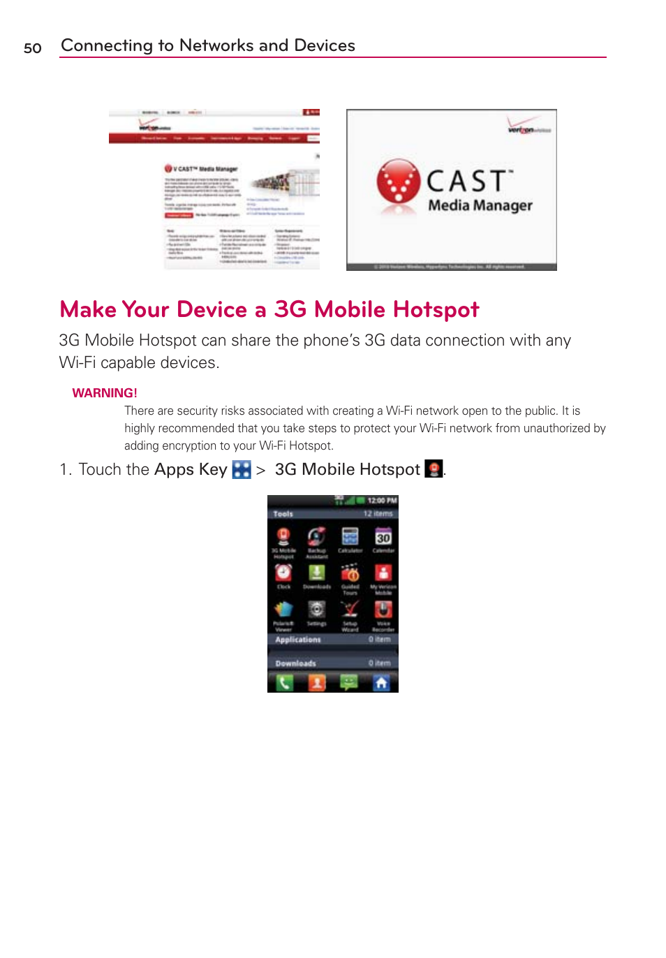 Make your device a 3g mobile hotspot, Connecting to networks and devices | LG MFL67235901 User Manual | Page 52 / 448