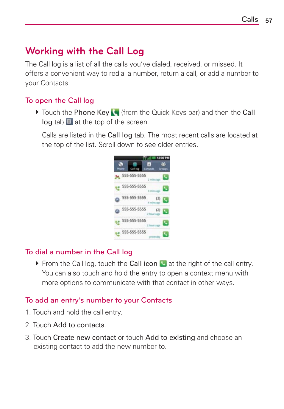 Working with the call log | LG MFL67235901 User Manual | Page 59 / 448