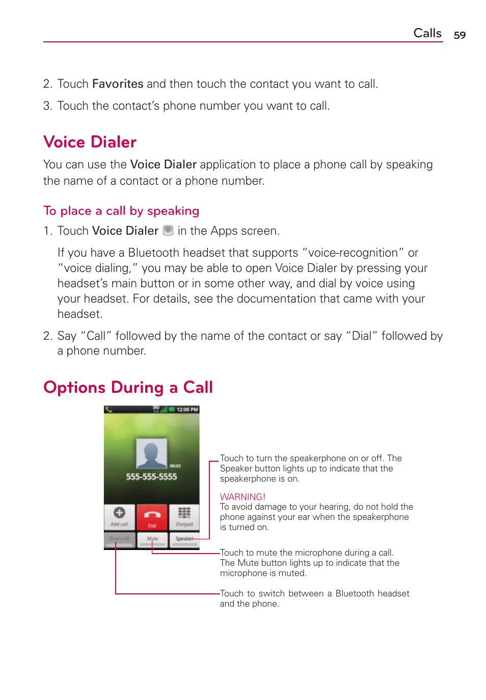 Voice dialer, Options during a call | LG MFL67235901 User Manual | Page 61 / 448