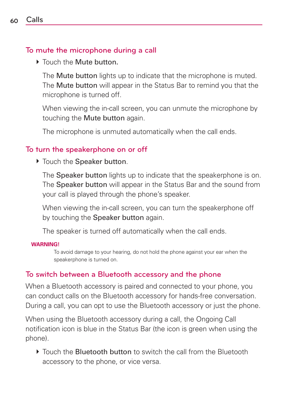 Calls to mute the microphone during a call | LG MFL67235901 User Manual | Page 62 / 448