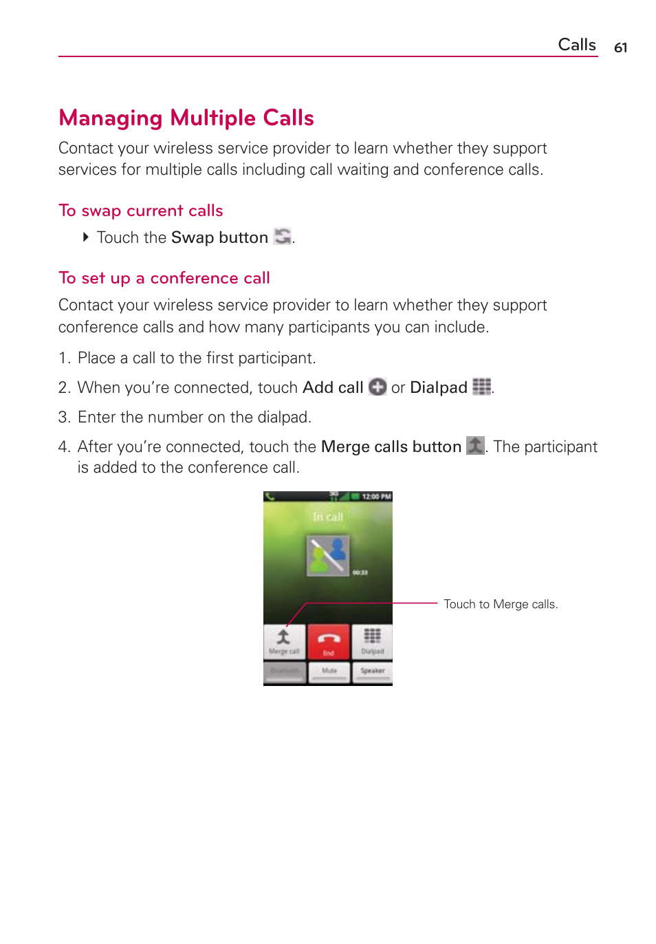 Managing multiple calls | LG MFL67235901 User Manual | Page 63 / 448