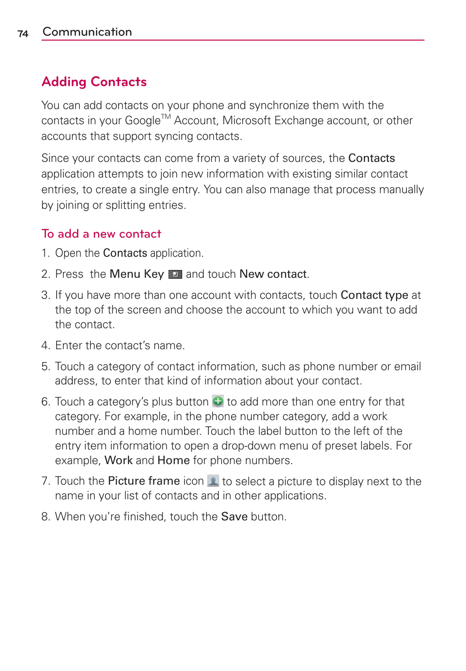 Adding contacts | LG MFL67235901 User Manual | Page 76 / 448