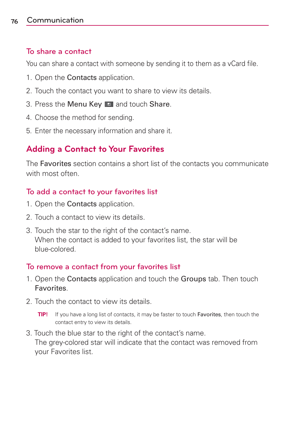 Adding a contact to your favorites | LG MFL67235901 User Manual | Page 78 / 448