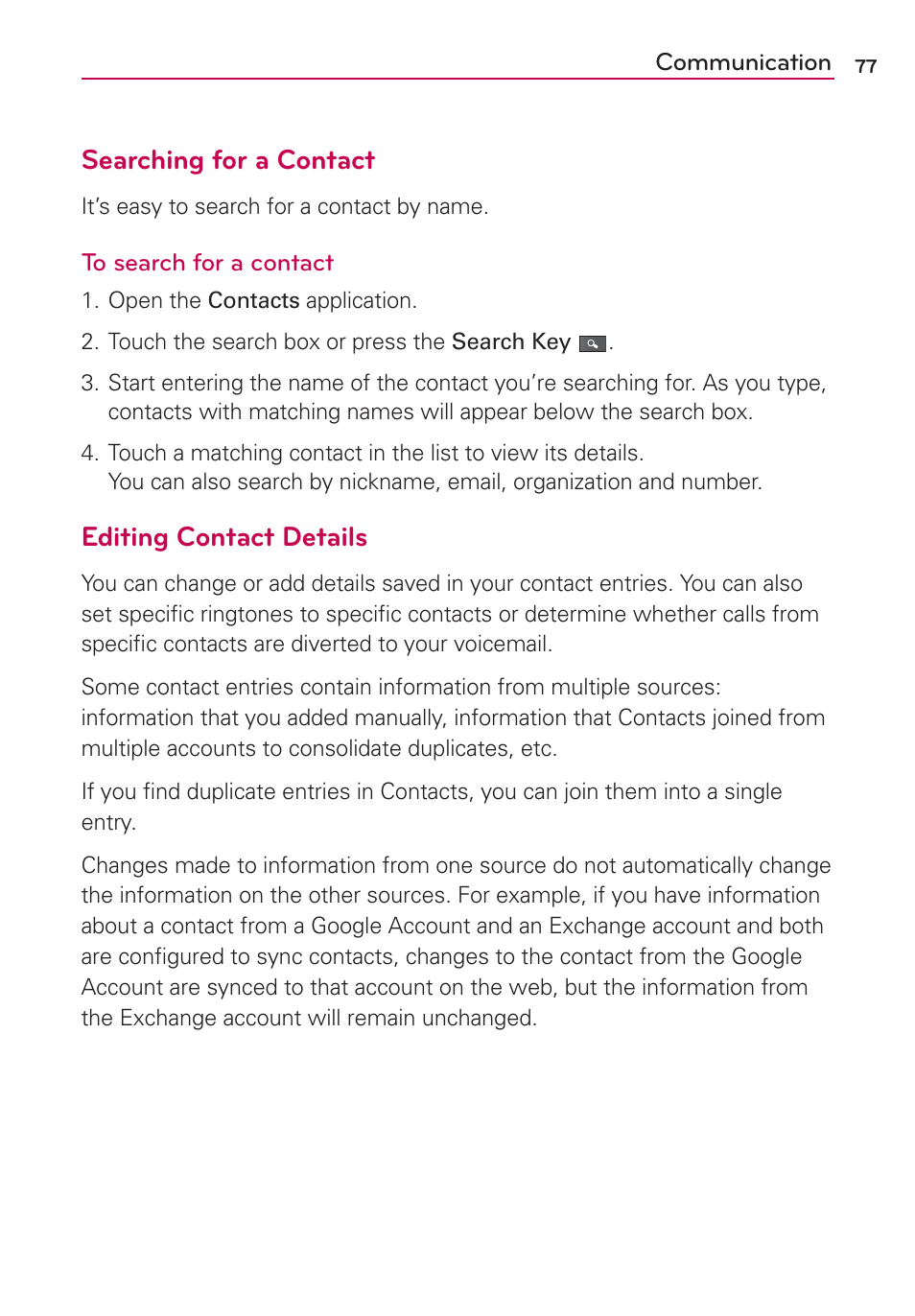 Searching for a contact, Editing contact details | LG MFL67235901 User Manual | Page 79 / 448