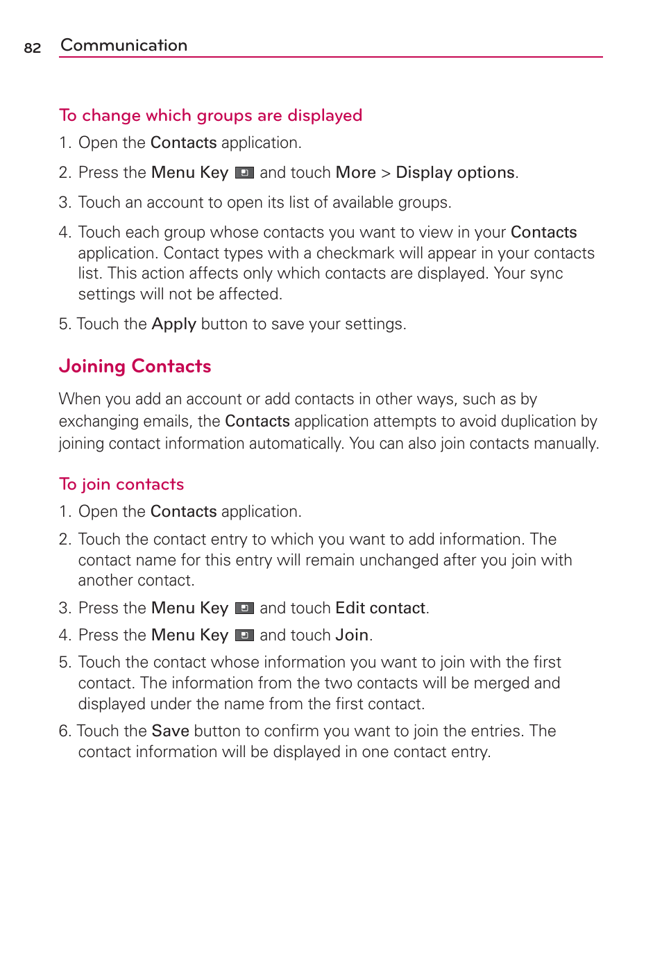 Joining contacts | LG MFL67235901 User Manual | Page 84 / 448