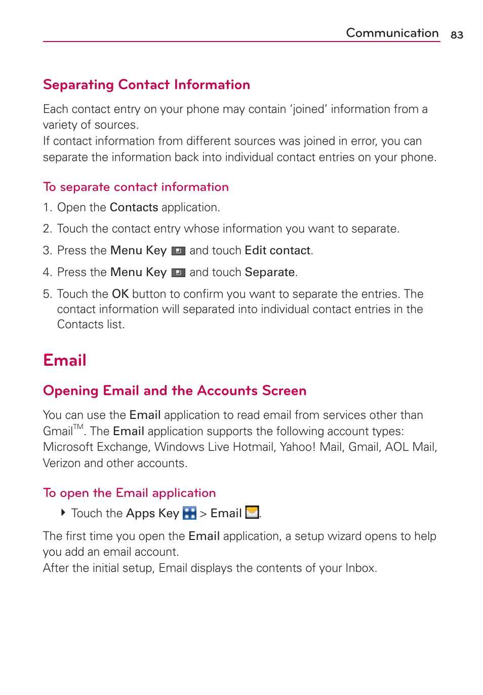 Email, Separating contact information, Opening email and the accounts screen | LG MFL67235901 User Manual | Page 85 / 448