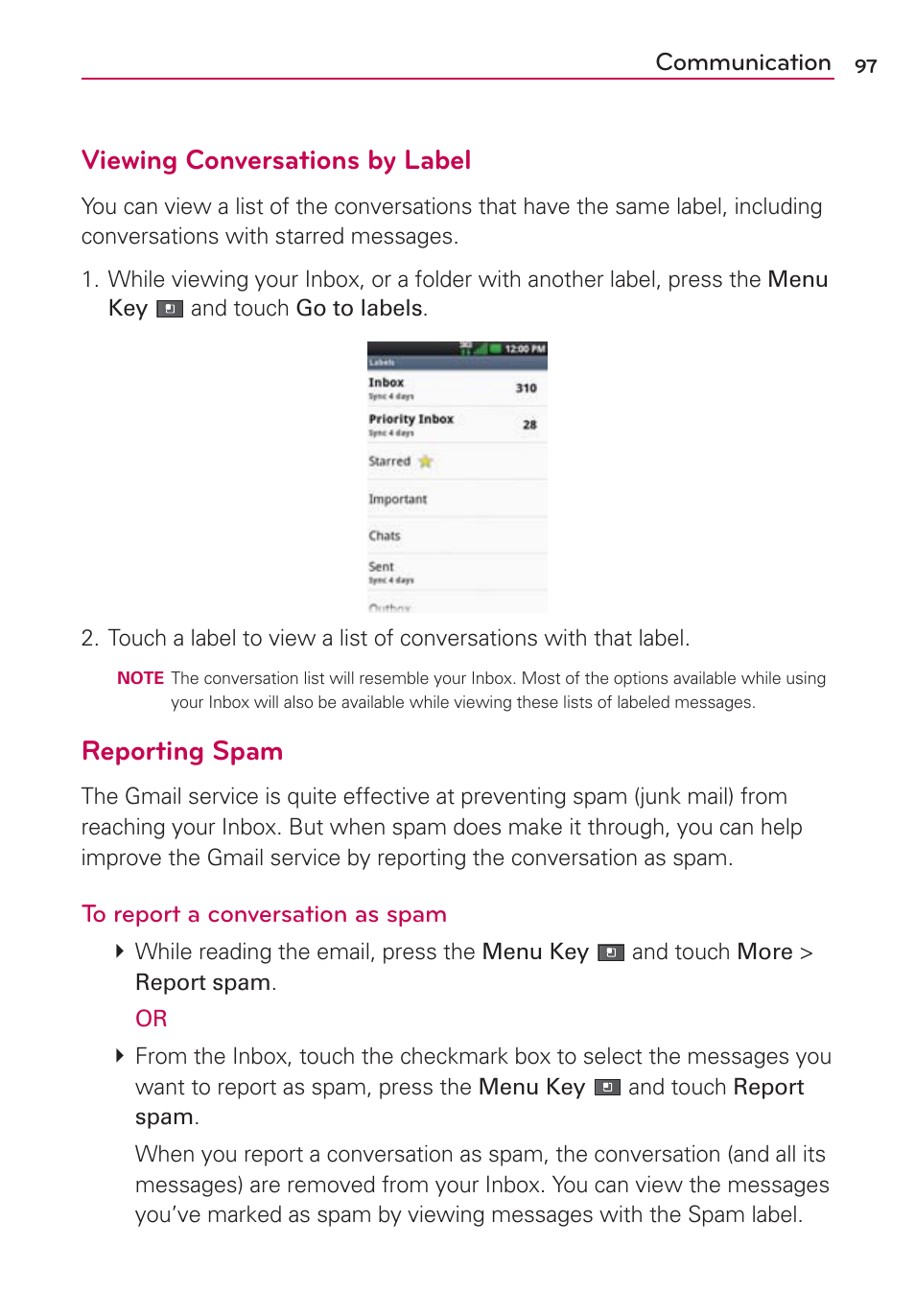 Viewing conversations by label, Reporting spam | LG MFL67235901 User Manual | Page 99 / 448