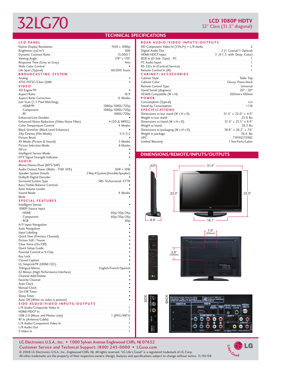 32lg70, Lcd 1080p hdtv | LG 3270 User Manual | Page 2 / 2