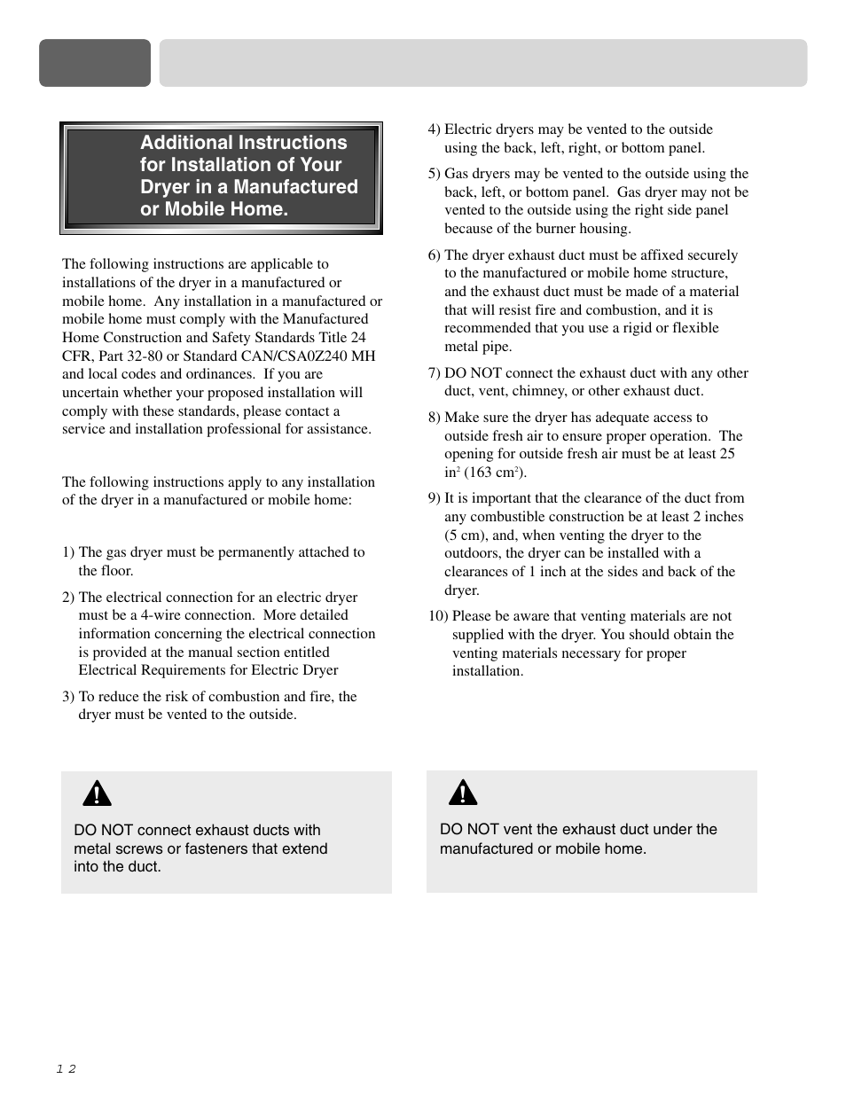 Part 3 initial steps for installing your dryer, Warning | LG D0452G User Manual | Page 12 / 62