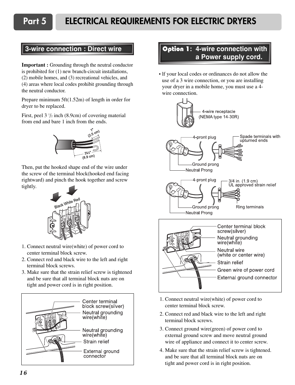 Part 5 electrical requirements for electric dryers | LG D0452G User Manual | Page 16 / 62