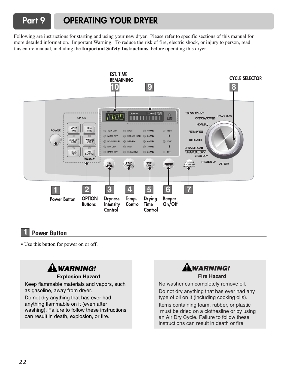 Part 9 operating your dryer | LG D0452G User Manual | Page 22 / 62