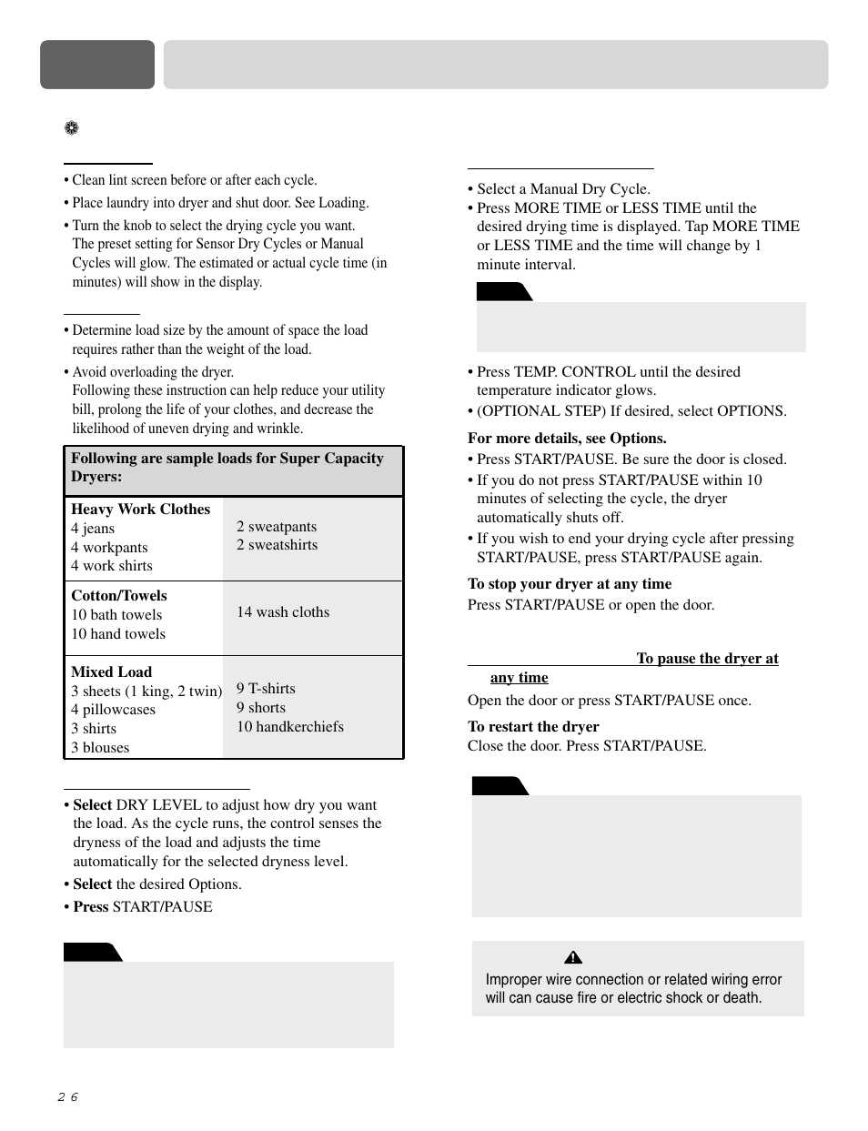 Part 9 operating your dryer, Starting your dryer | LG D0452G User Manual | Page 26 / 62