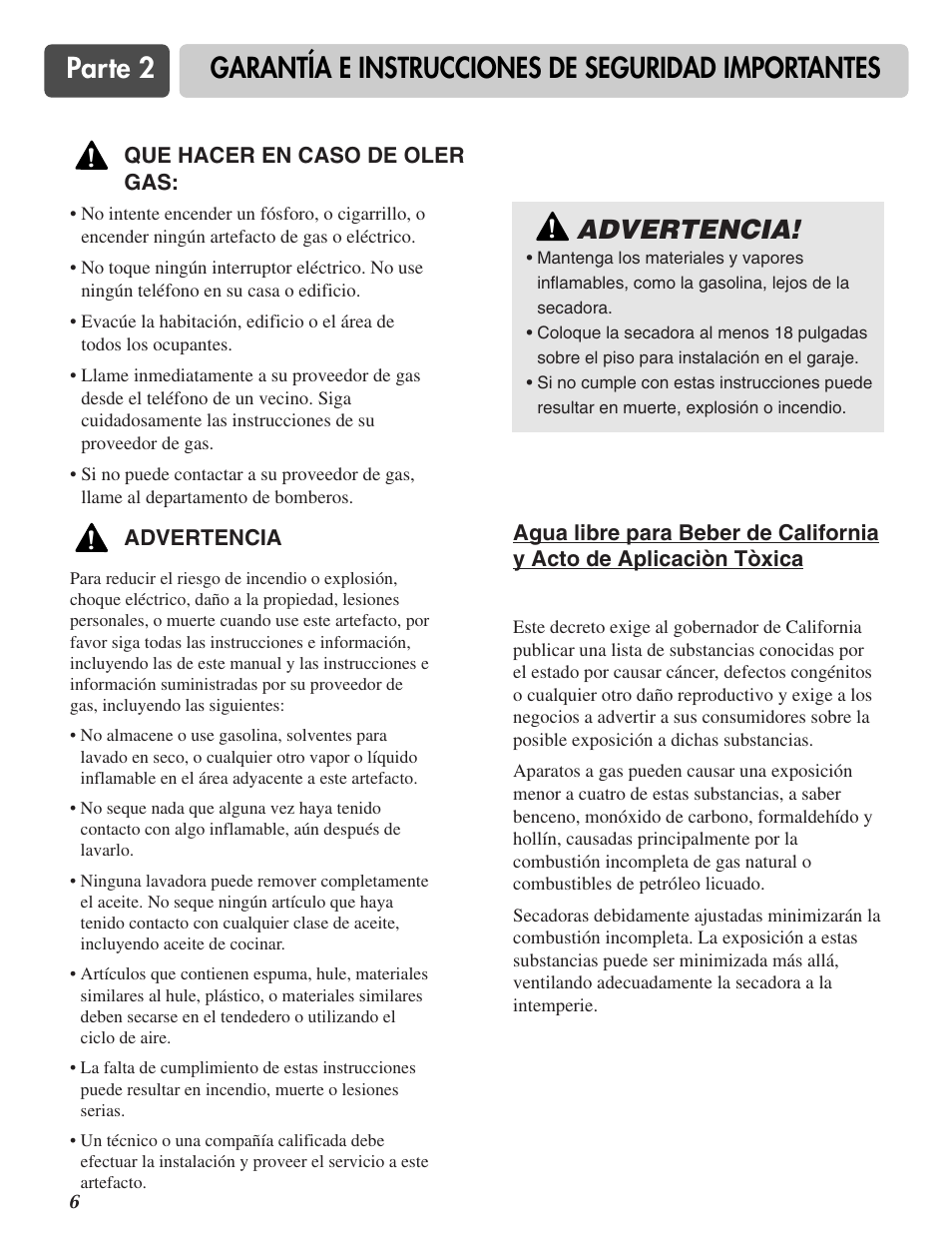 Parte 2, Garantía e instrucciones de seguridad importantes, Advertencia | LG D0452G User Manual | Page 37 / 62