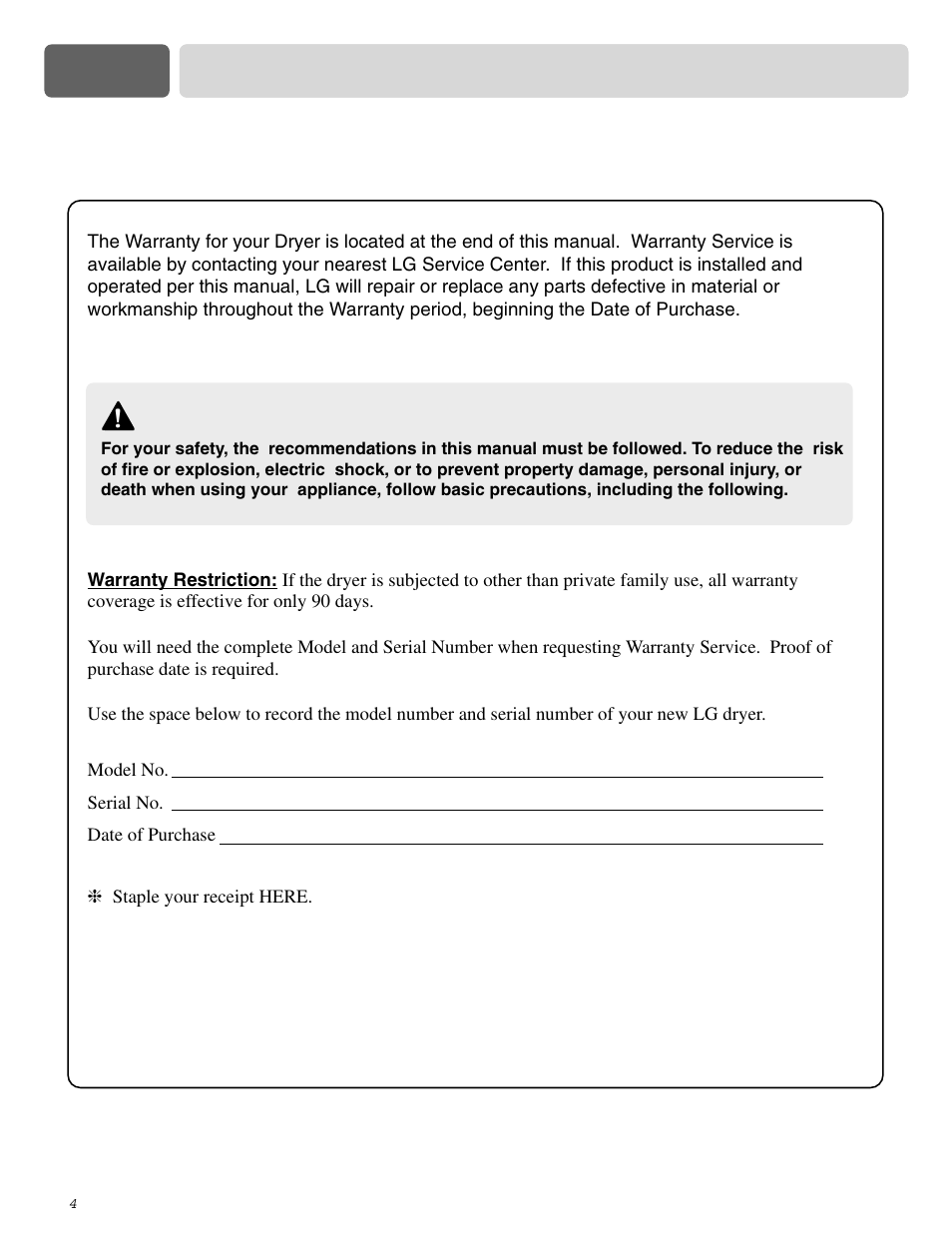 Part 2, Important warranty and safety instructions, Warning | Seeking warranty assistance | LG D0452G User Manual | Page 4 / 62