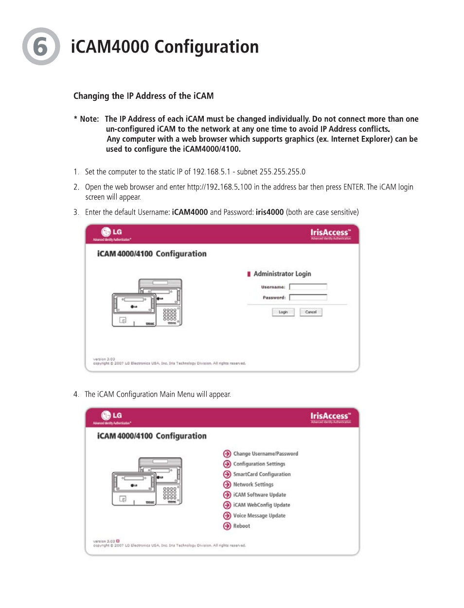 Cam4000 configuration, Changing the ip address of the icam, Irisaccess" 1 1 | Icam4000, Iris4000, Icam40m/41№ configuration | LG 4000 User Manual | Page 7 / 10