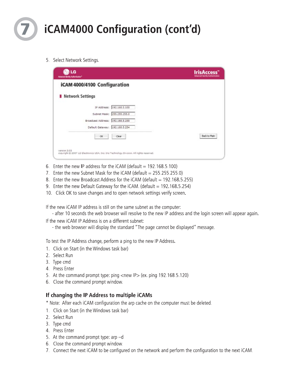 Cam4000 configuration (cont'd), If changing the ip address to multiple icams, Irisaccess | LG 4000 User Manual | Page 8 / 10
