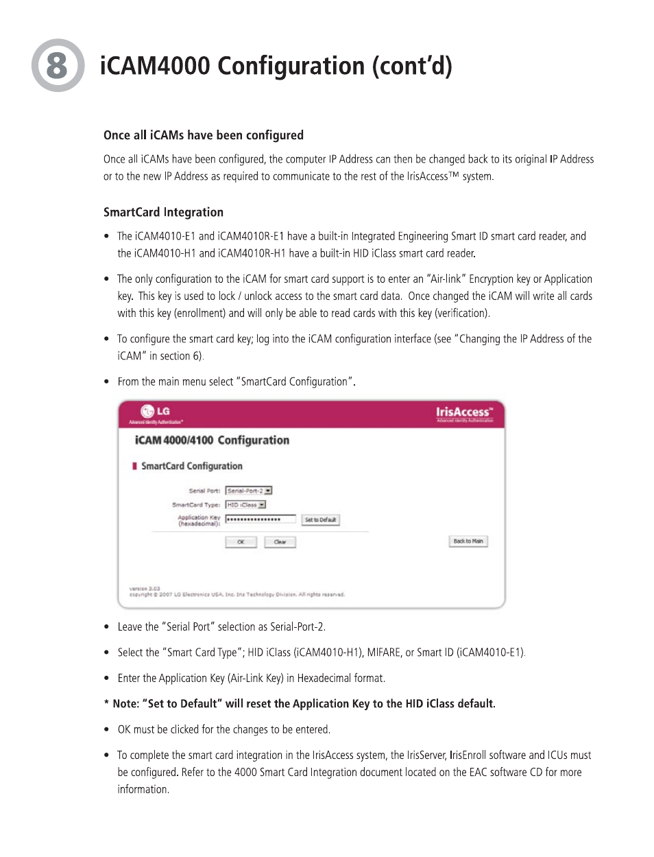 Cam4000 configuration (cont'd), Once all icams have been configured, Smartcard integration | Irisaccess | LG 4000 User Manual | Page 9 / 10
