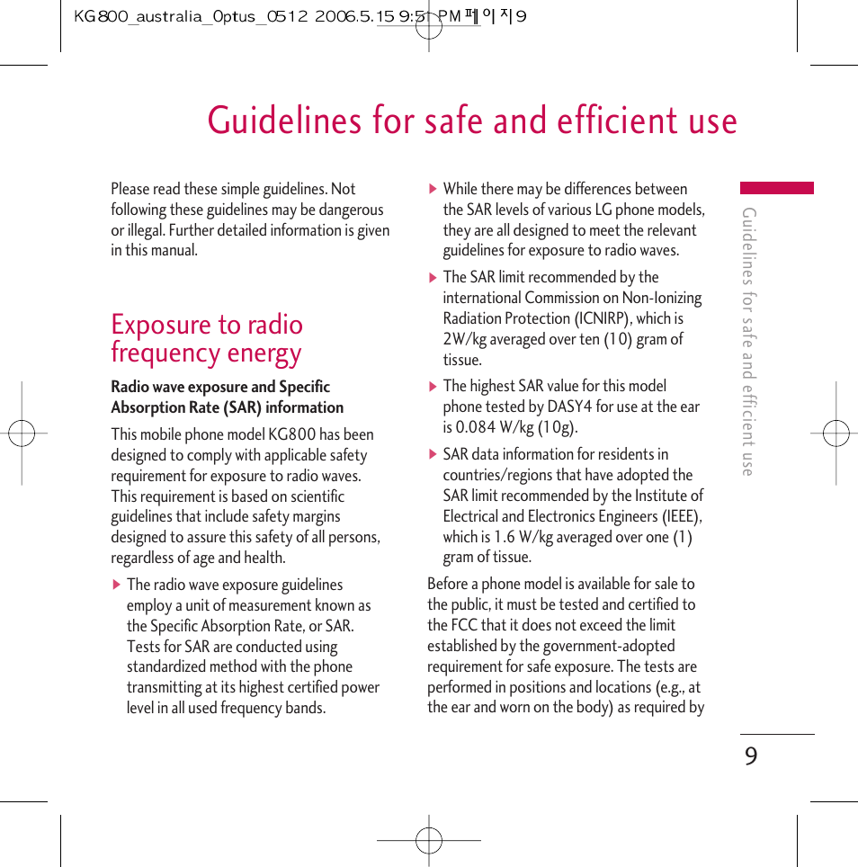 Guidelines for safe and efficient use, Exposure to radio frequency energy | LG Chocolate KG800 User Manual | Page 10 / 97