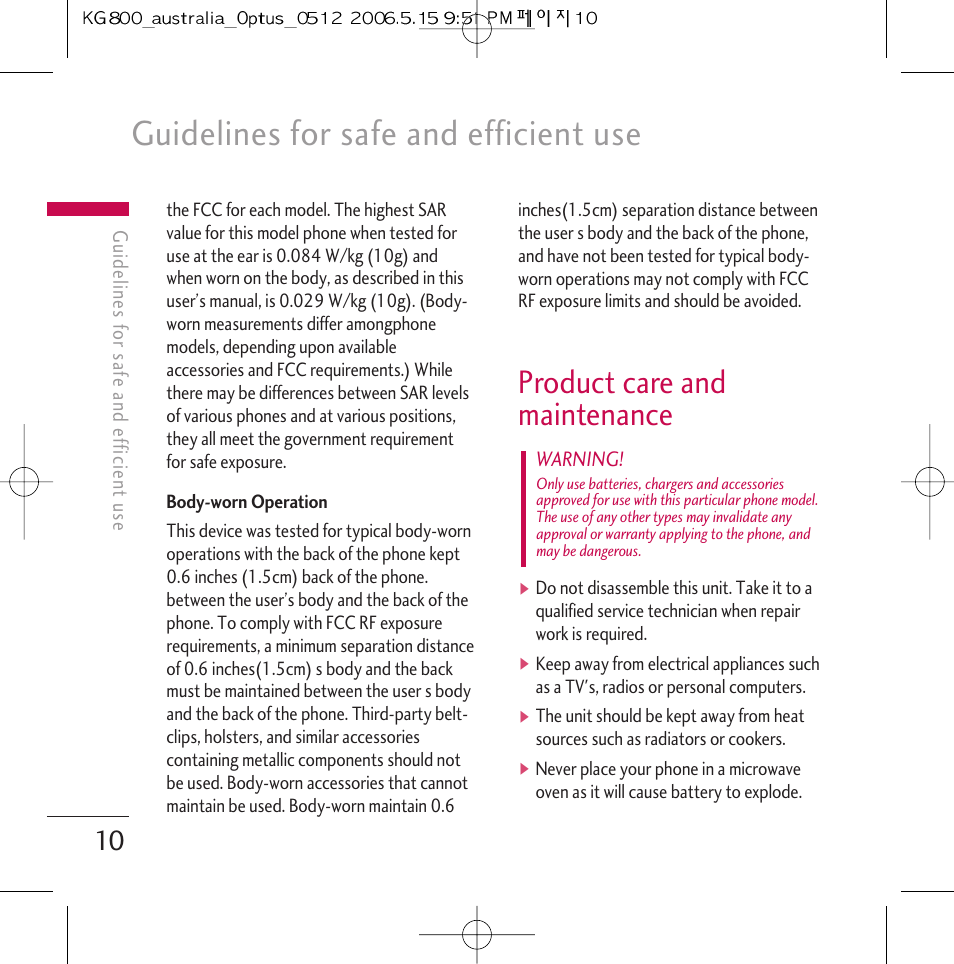 Guidelines for safe and efficient use, Product care and maintenance | LG Chocolate KG800 User Manual | Page 11 / 97