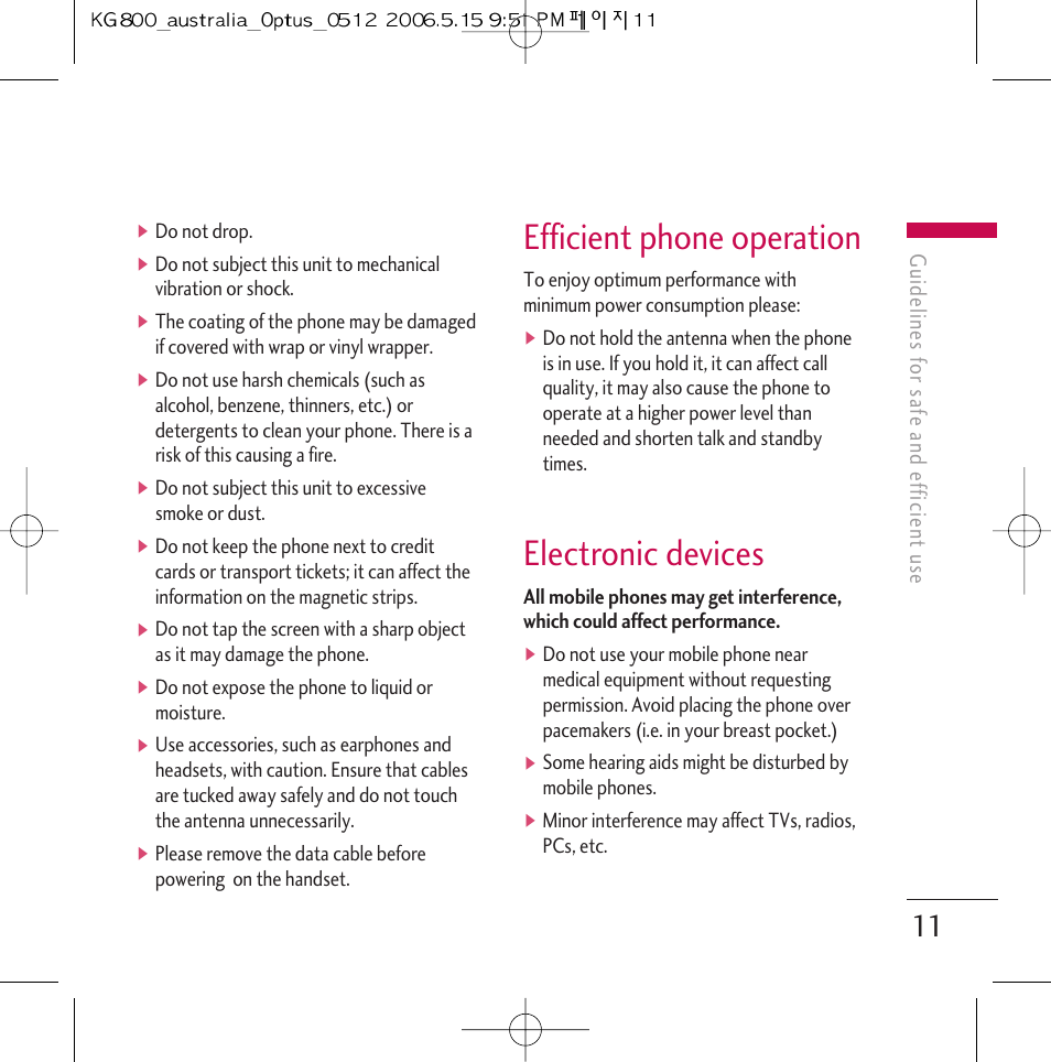 Efficient phone operation, Electronic devices | LG Chocolate KG800 User Manual | Page 12 / 97