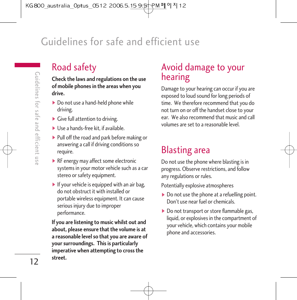 Guidelines for safe and efficient use, Road safety, Avoid damage to your hearing | Blasting area | LG Chocolate KG800 User Manual | Page 13 / 97