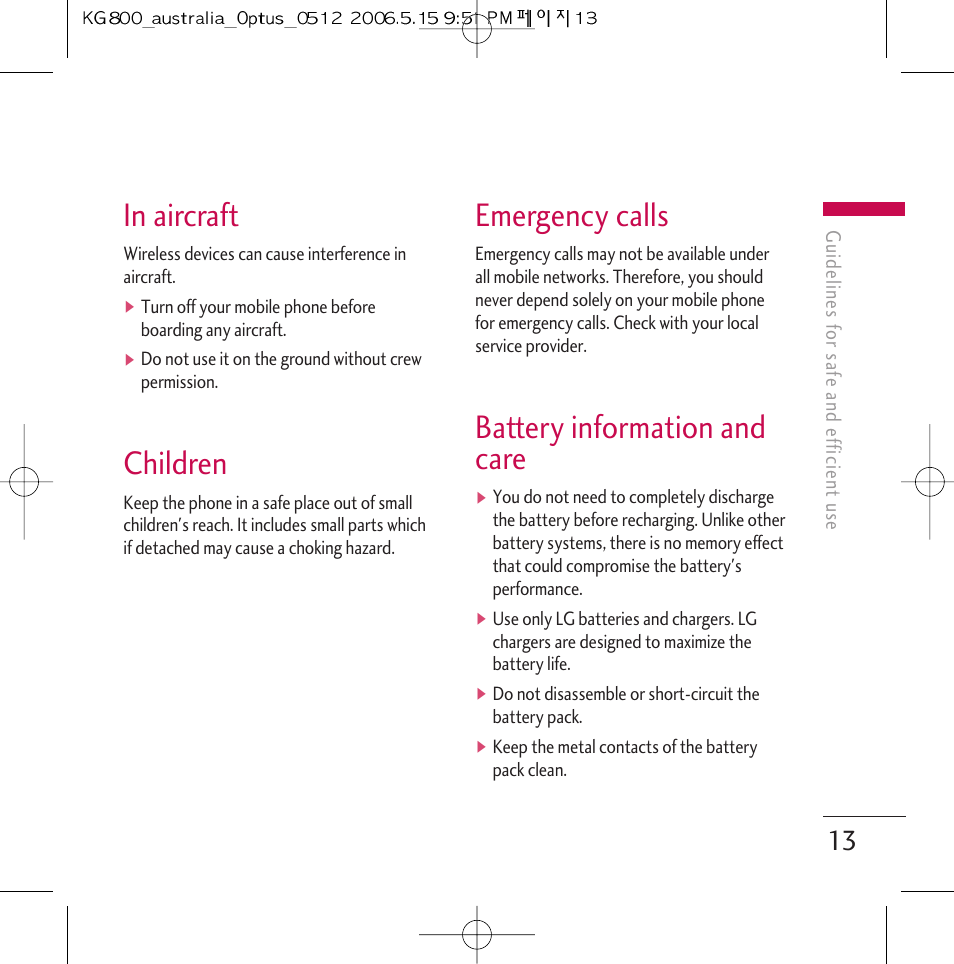 Children, Emergency calls, Battery information and care | LG Chocolate KG800 User Manual | Page 14 / 97