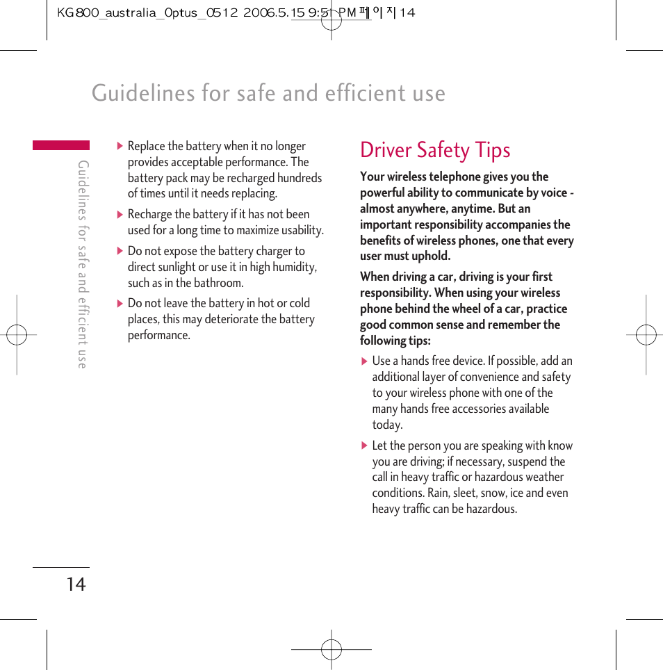 Guidelines for safe and efficient use, Driver safety tips | LG Chocolate KG800 User Manual | Page 15 / 97