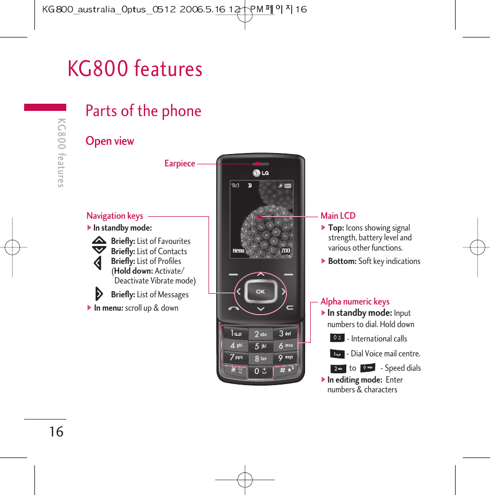 Kg800 features, Parts of the phone, Open view | LG Chocolate KG800 User Manual | Page 17 / 97