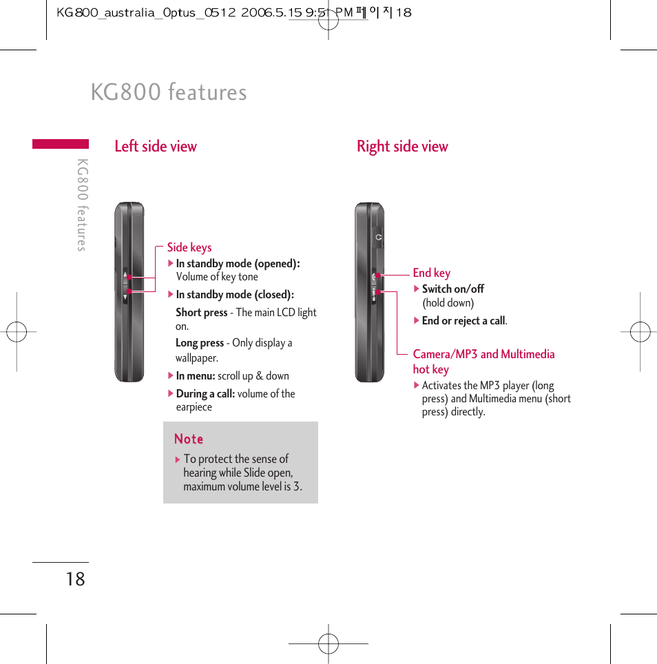 Kg800 features, Left side view right side view | LG Chocolate KG800 User Manual | Page 19 / 97