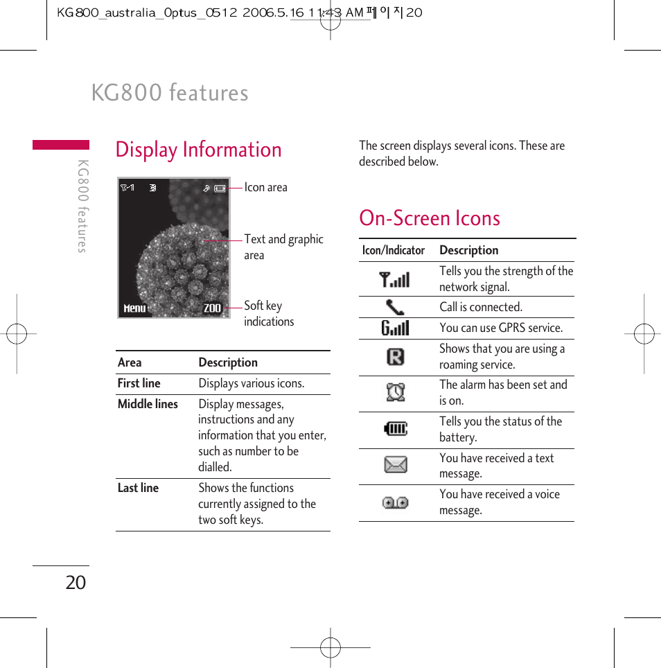 Kg800 features, Display information, On-screen icons | LG Chocolate KG800 User Manual | Page 21 / 97