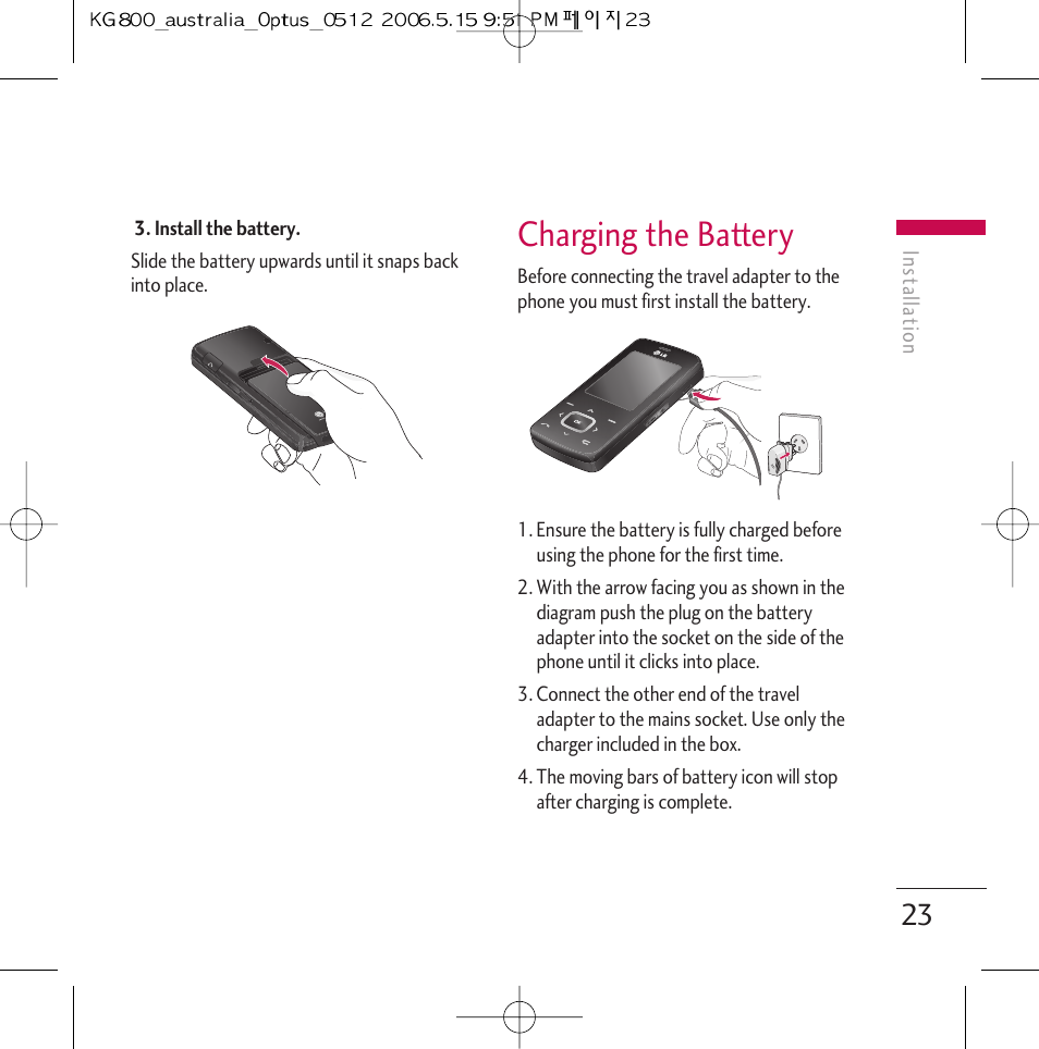 Charging the battery | LG Chocolate KG800 User Manual | Page 24 / 97