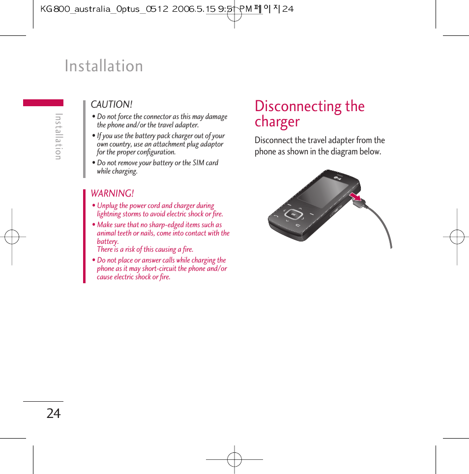 Installation, Disconnecting the charger | LG Chocolate KG800 User Manual | Page 25 / 97