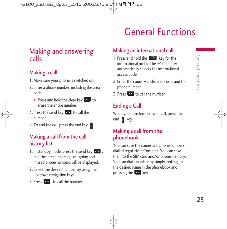 General functions, Making and answering calls, Making a call | Making a call from the call history list, Making an international call, Ending a call, Making a call from the phonebook | LG Chocolate KG800 User Manual | Page 26 / 97