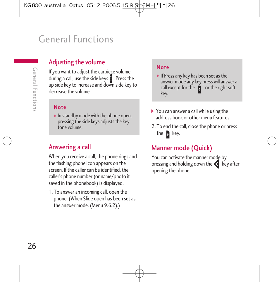 General functions, Adjusting the volume, Answering a call | Manner mode (quick) | LG Chocolate KG800 User Manual | Page 27 / 97