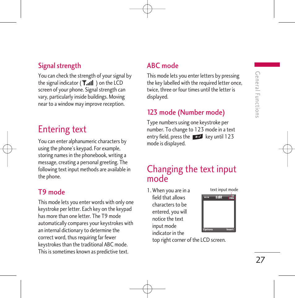 Entering text, Changing the text input mode, Signal strength | T9 mode, Abc mode, 123 mode (number mode) | LG Chocolate KG800 User Manual | Page 28 / 97