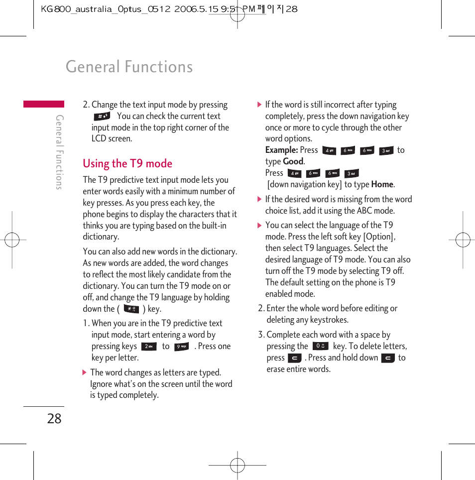 General functions, Using the t9 mode | LG Chocolate KG800 User Manual | Page 29 / 97