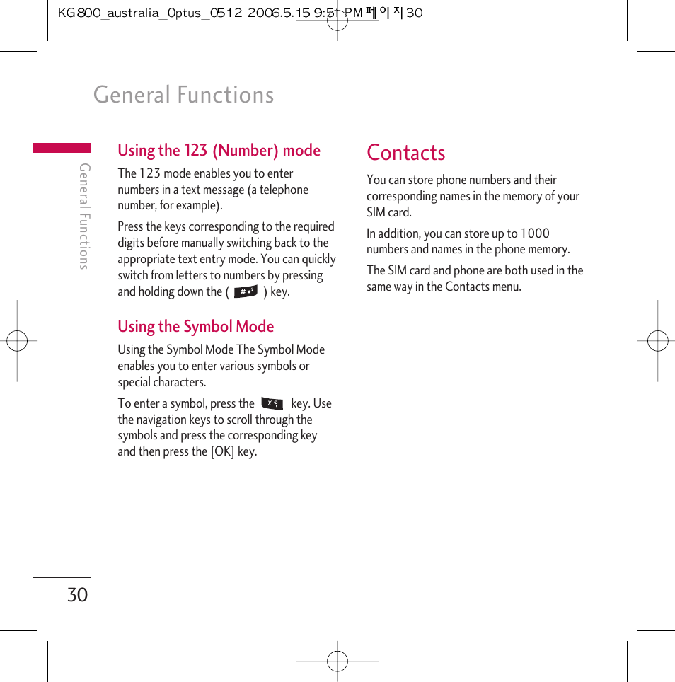 General functions, Contacts | LG Chocolate KG800 User Manual | Page 31 / 97