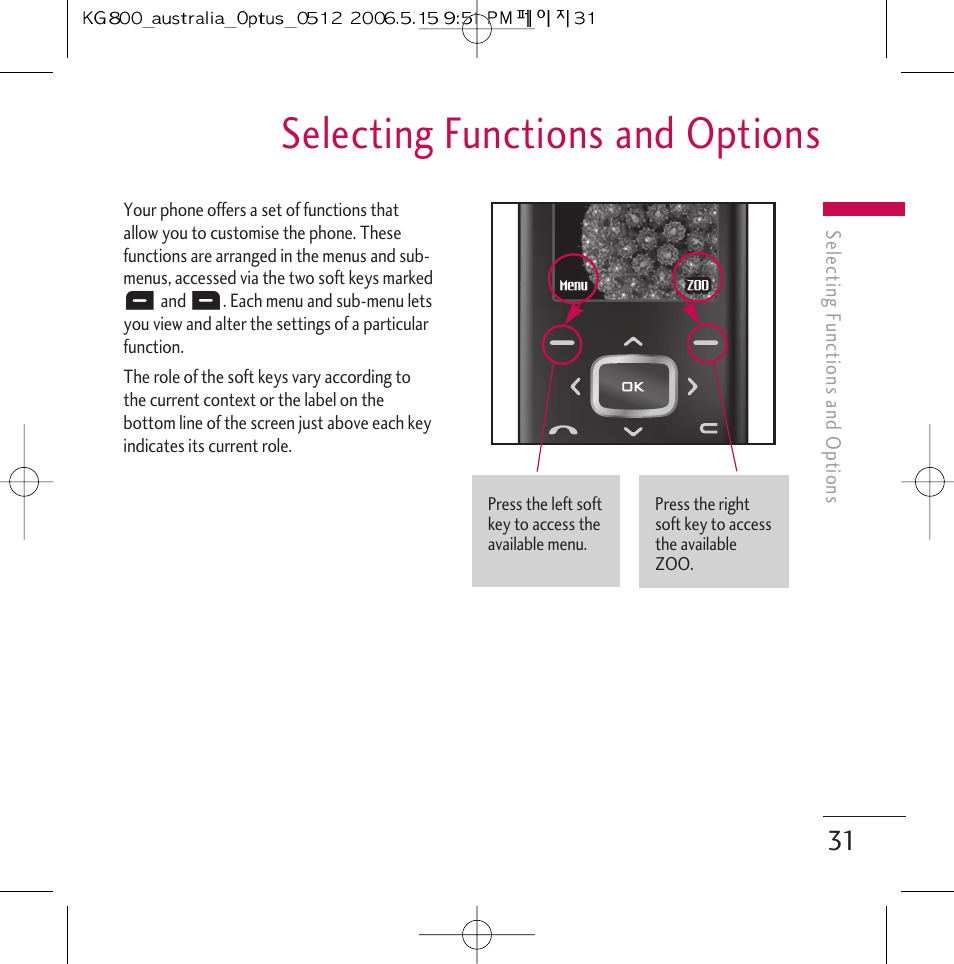 Selecting functions and options | LG Chocolate KG800 User Manual | Page 32 / 97