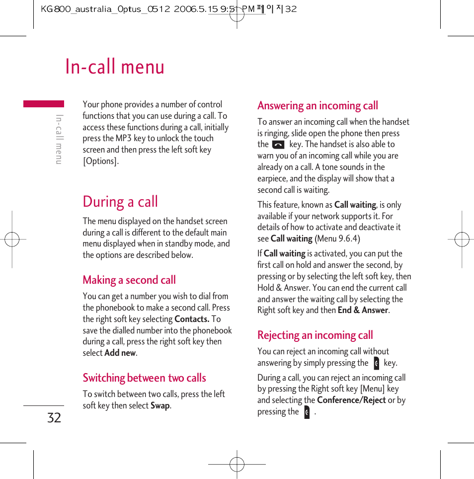 In-call menu, During a call | LG Chocolate KG800 User Manual | Page 33 / 97