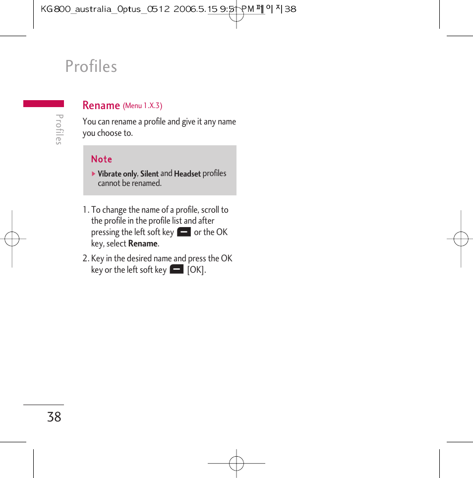 Profiles, Rename | LG Chocolate KG800 User Manual | Page 39 / 97