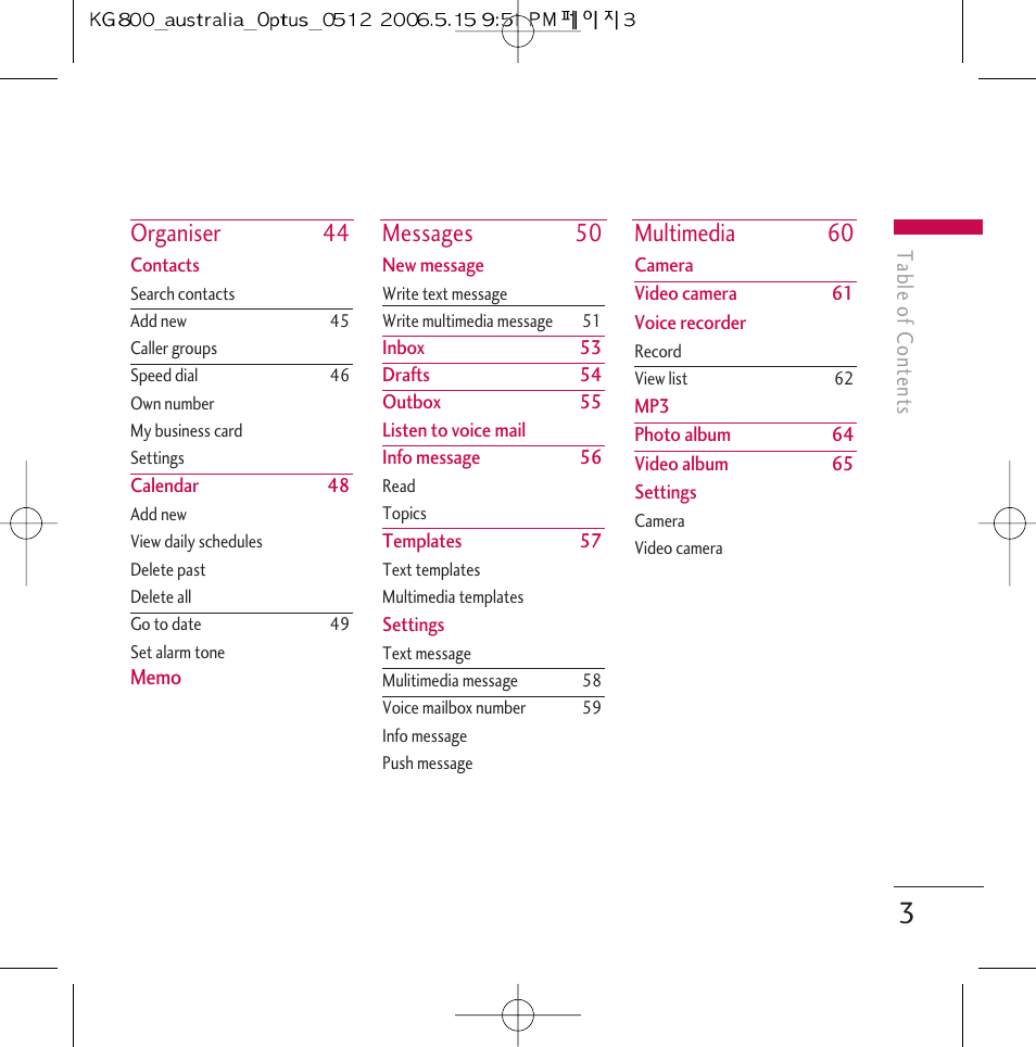 Organiser 44, Messages 50, Multimedia 60 | LG Chocolate KG800 User Manual | Page 4 / 97