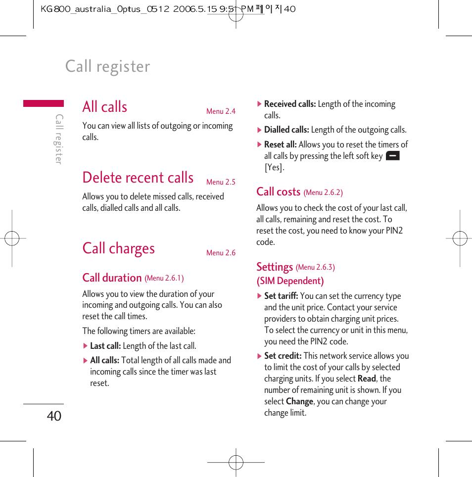 Call register, All calls, Delete recent calls | Call charges, Call duration, Call costs, Settings | LG Chocolate KG800 User Manual | Page 41 / 97