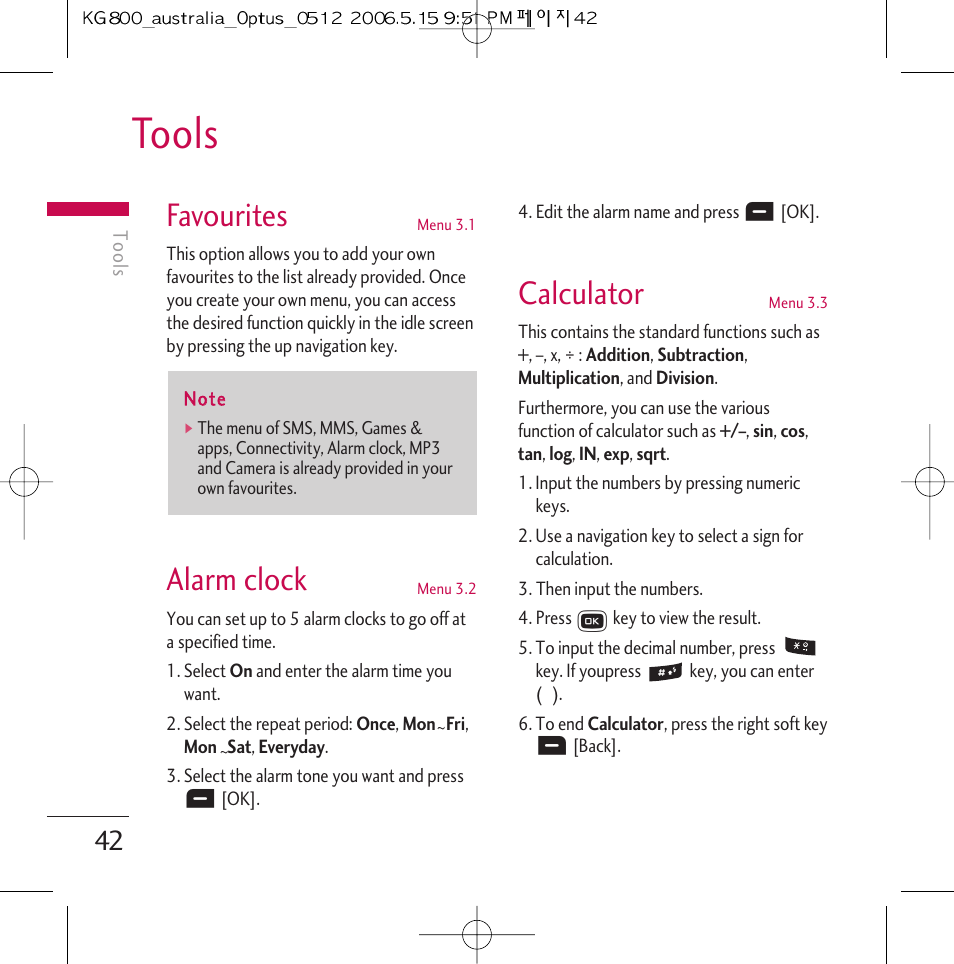 Tools, Favourites, Alarm clock | Calculator | LG Chocolate KG800 User Manual | Page 43 / 97