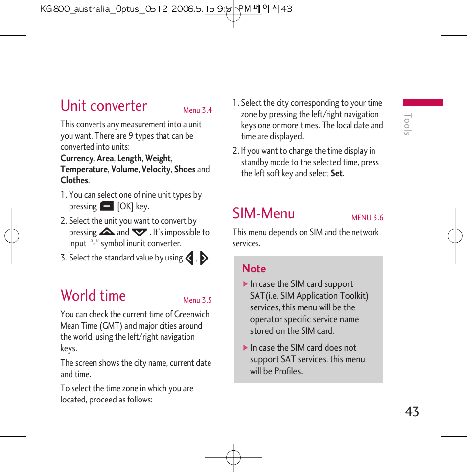 Unit converter, World time, Sim-menu | LG Chocolate KG800 User Manual | Page 44 / 97