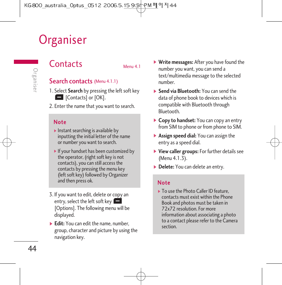 Organiser, Contacts, Search contacts | LG Chocolate KG800 User Manual | Page 45 / 97